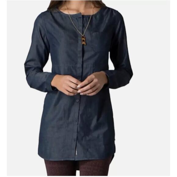 Toad & Co Wayfarer Chambray Blue Denim Button Tunic Top Sz Medium Boho Granola - Picture 1 of 7